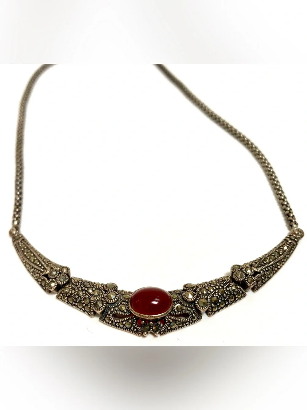 925 Sterling Silver Carnelian & Marcasite Jewelry Set